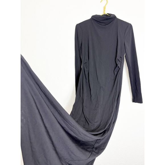 Zara Black Jersey High Neck Midi Dress Size Large Ruched Long Sleeve Minimalist - Picture 9 of 12